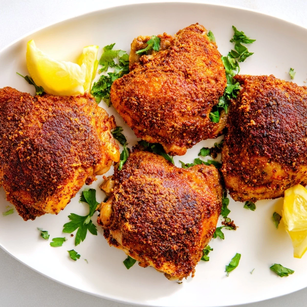 Crispy skinned Moroccan spiced chicken thighs marinated in aromatic cumin coriander and paprika roasted golden brown