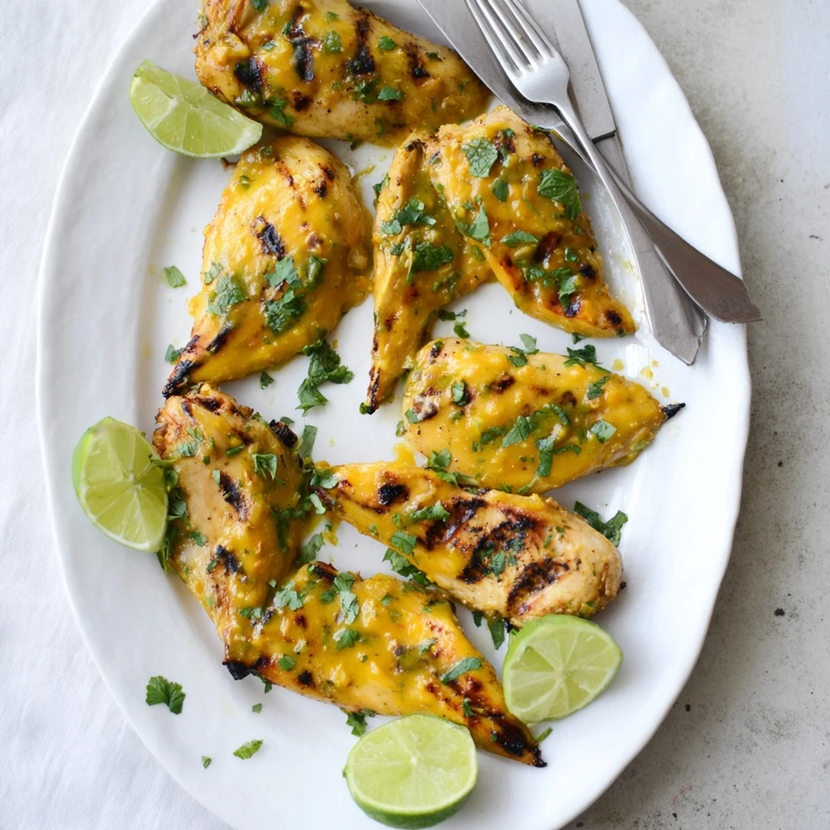 Golden grilled chicken breasts glazed with tropical mango lime marinade and fresh cilantro