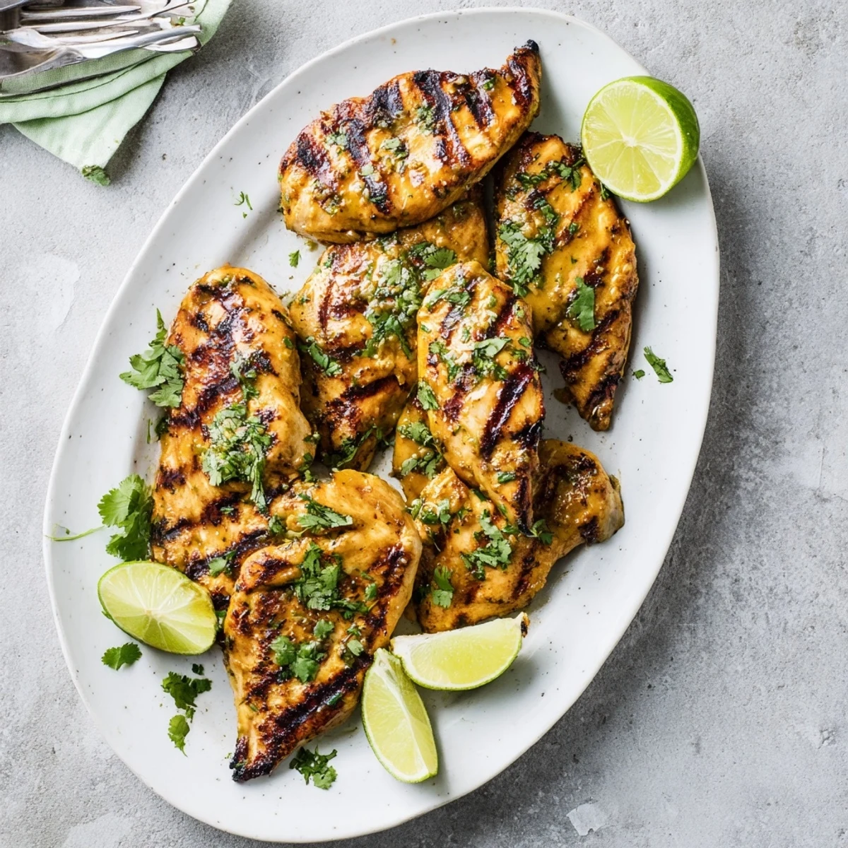 Juicy mango lime chicken sizzling on the grill with char marks and zesty aromas