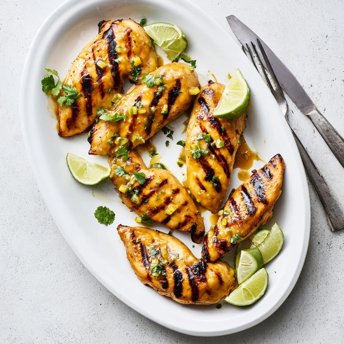 Perfect summer grilled mango lime chicken served with lime wedges and green garnish