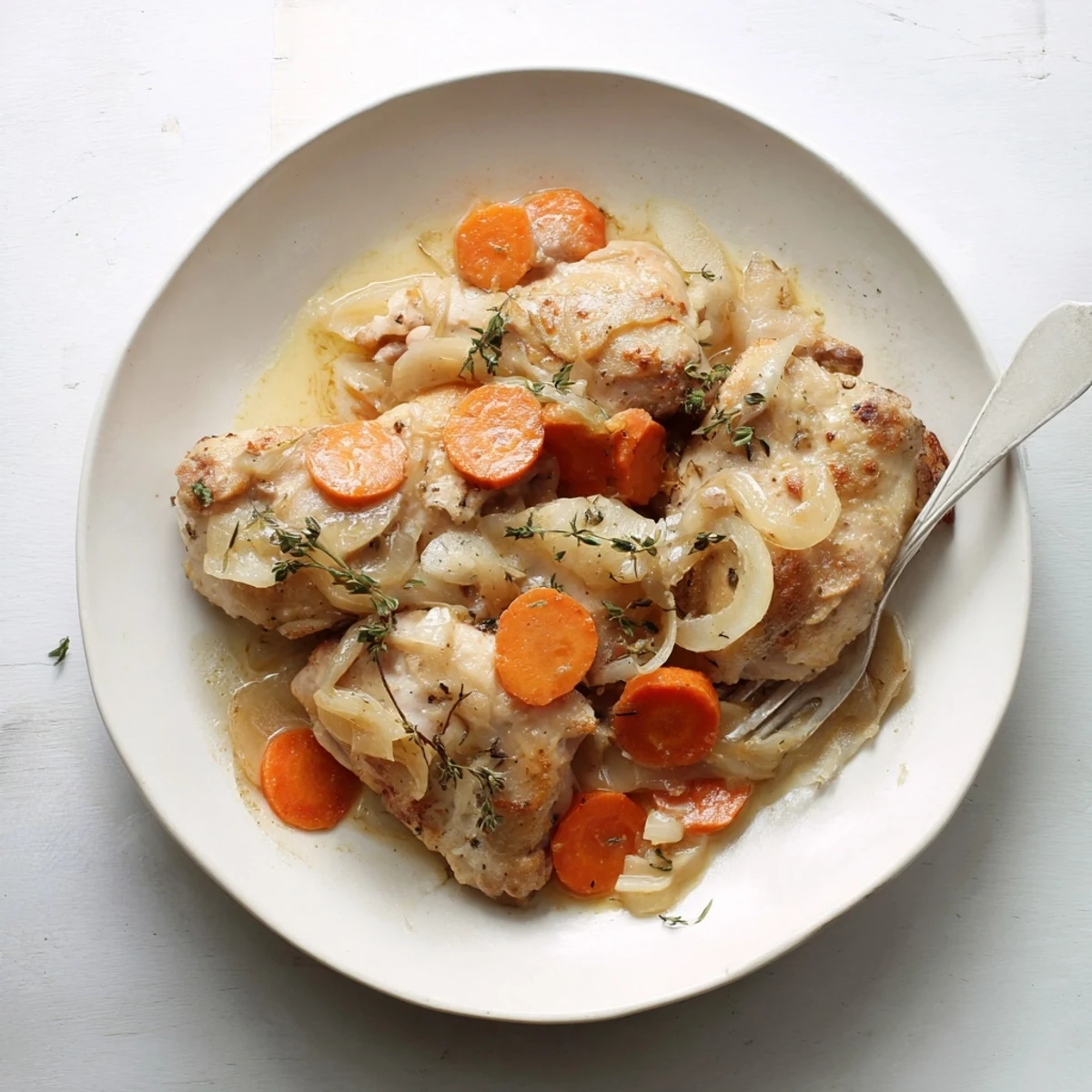 Golden brown French chicken casserole à la Normande with tender apples and creamy cider sauce bubbling in a Dutch oven
