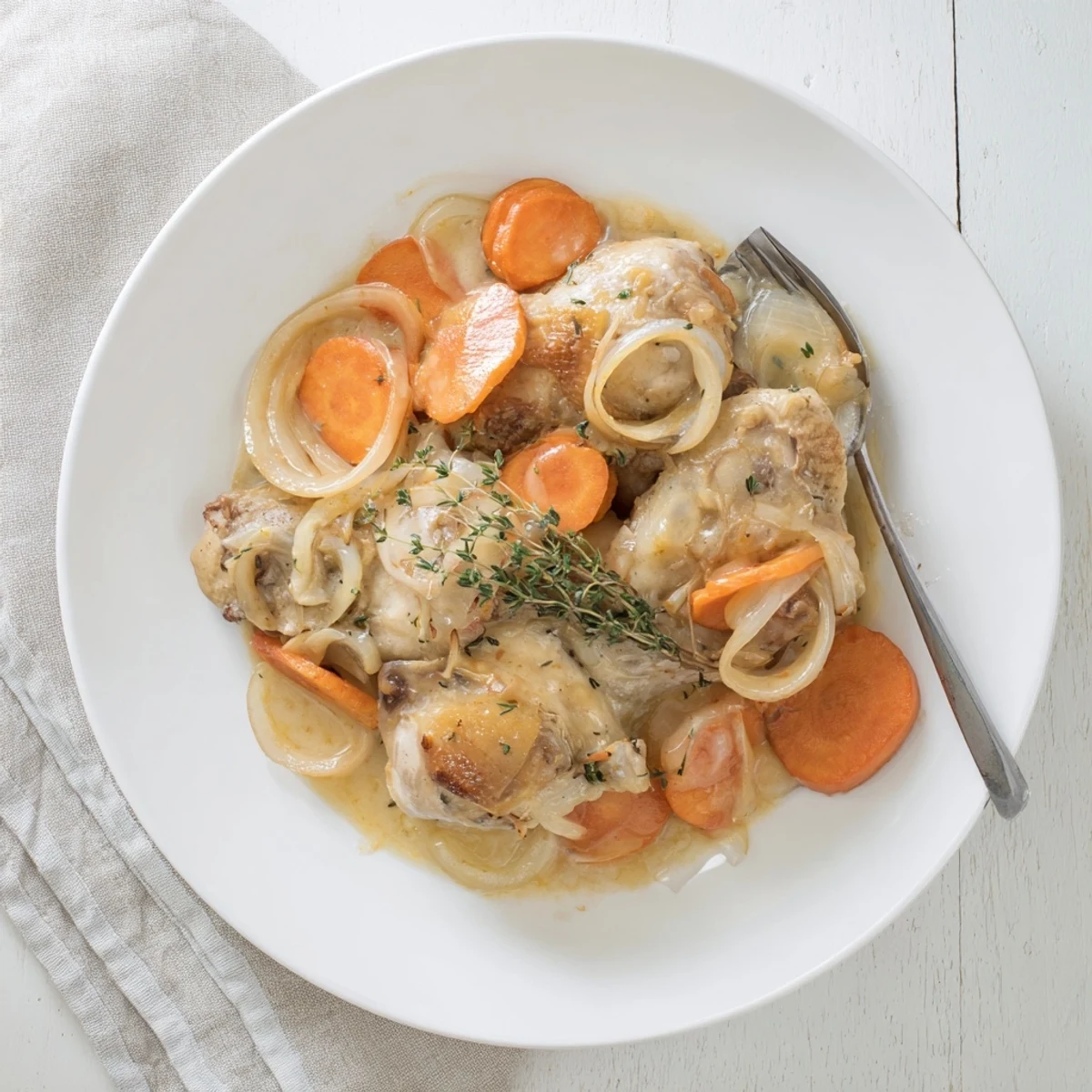 Creamy French chicken casserole à la Normande featuring juicy chicken pieces, sweet tart apples, and fresh thyme garnish