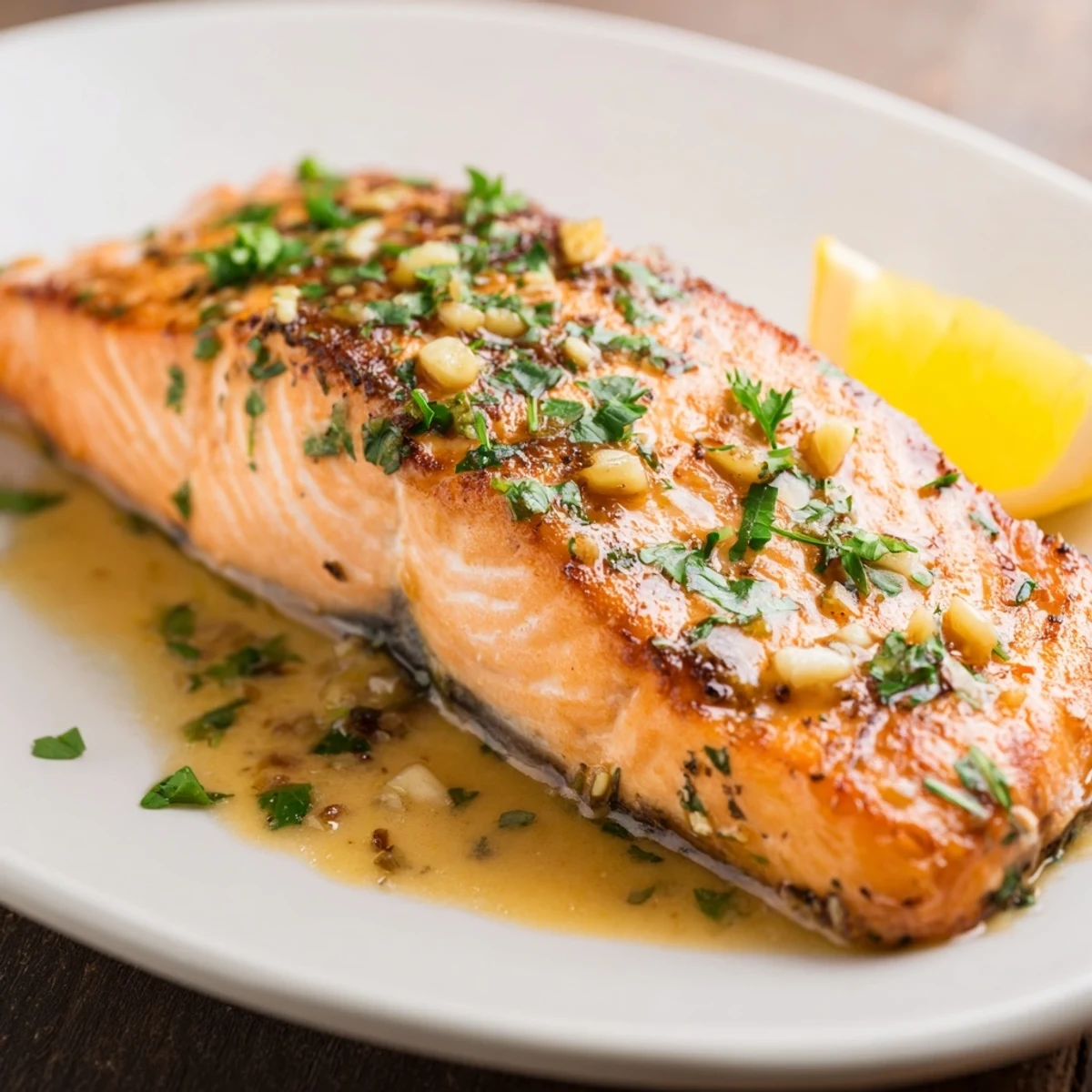 Golden pan seared salmon with garlic butter sauce drizzled over crispy skin