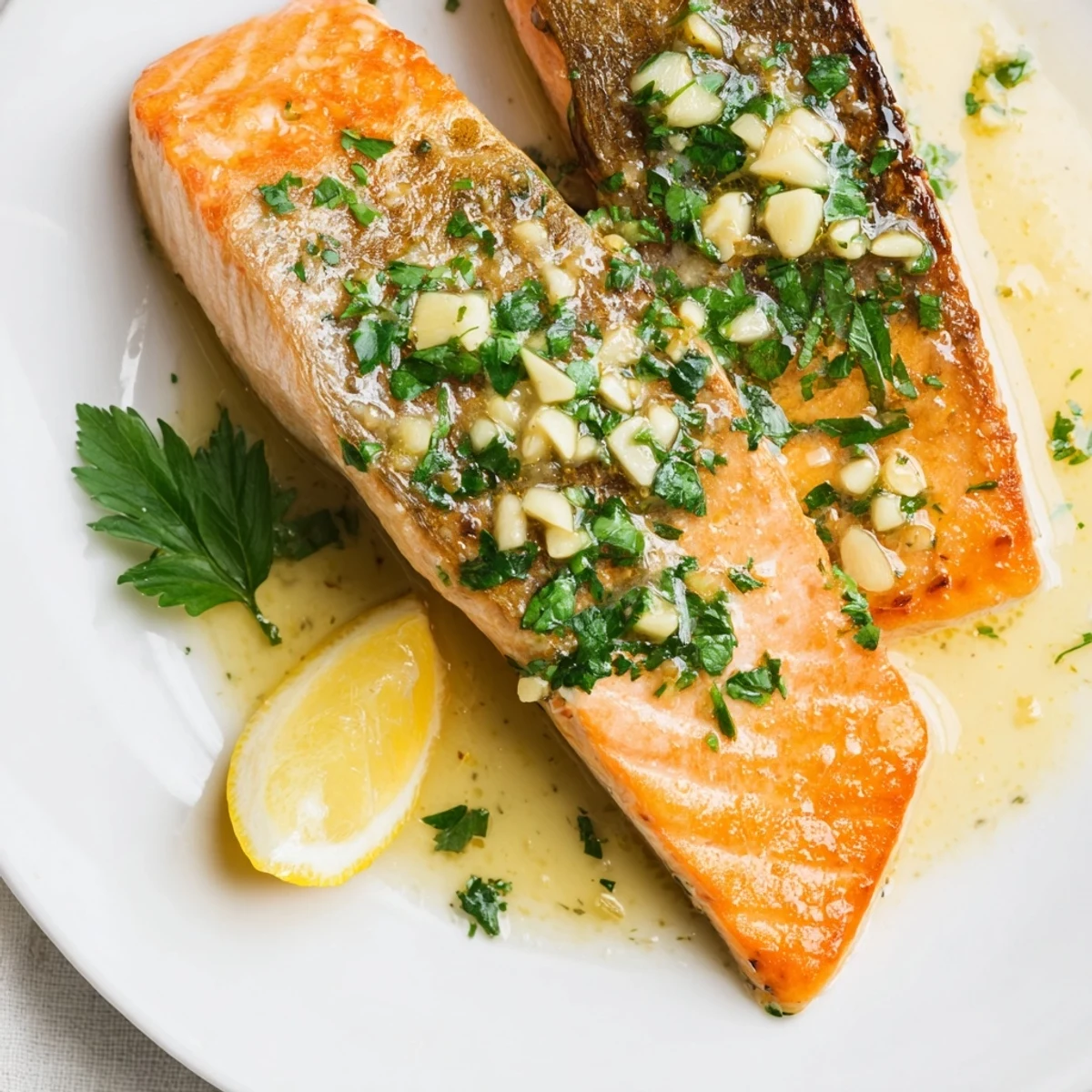 Crispy pan seared salmon glistening with melted garlic butter sauce and lemon wedges