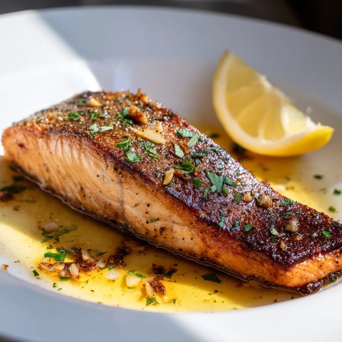 Restaurant-worthy pan seared salmon fillets in rich garlic butter with fresh parsley garnish