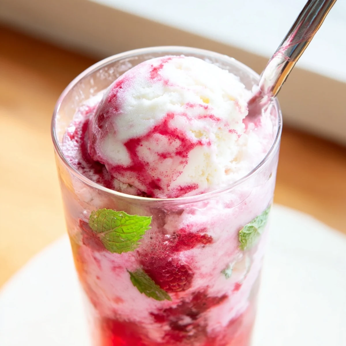 Tall glass of raspberry mint mojito rebel float with creamy vanilla ice cream melting into fizzy soda
