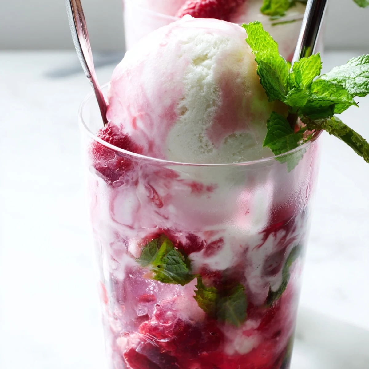Fresh raspberries and mint leaves garnish a vibrant raspberry mint mojito rebel float in a clear glass