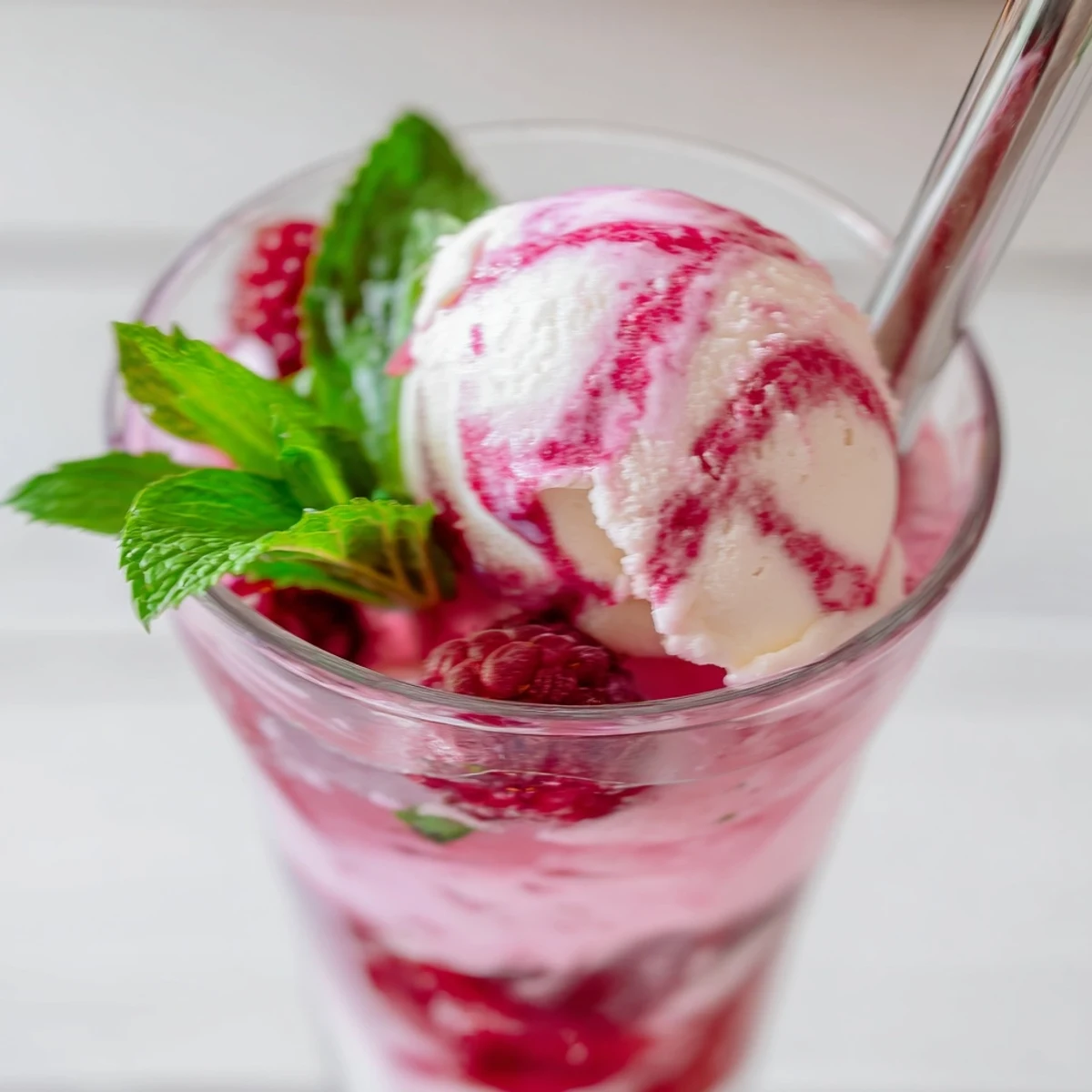 Creamy vanilla ice cream floats atop tangy raspberry mint mojito rebel swirl with lime and sparkling soda