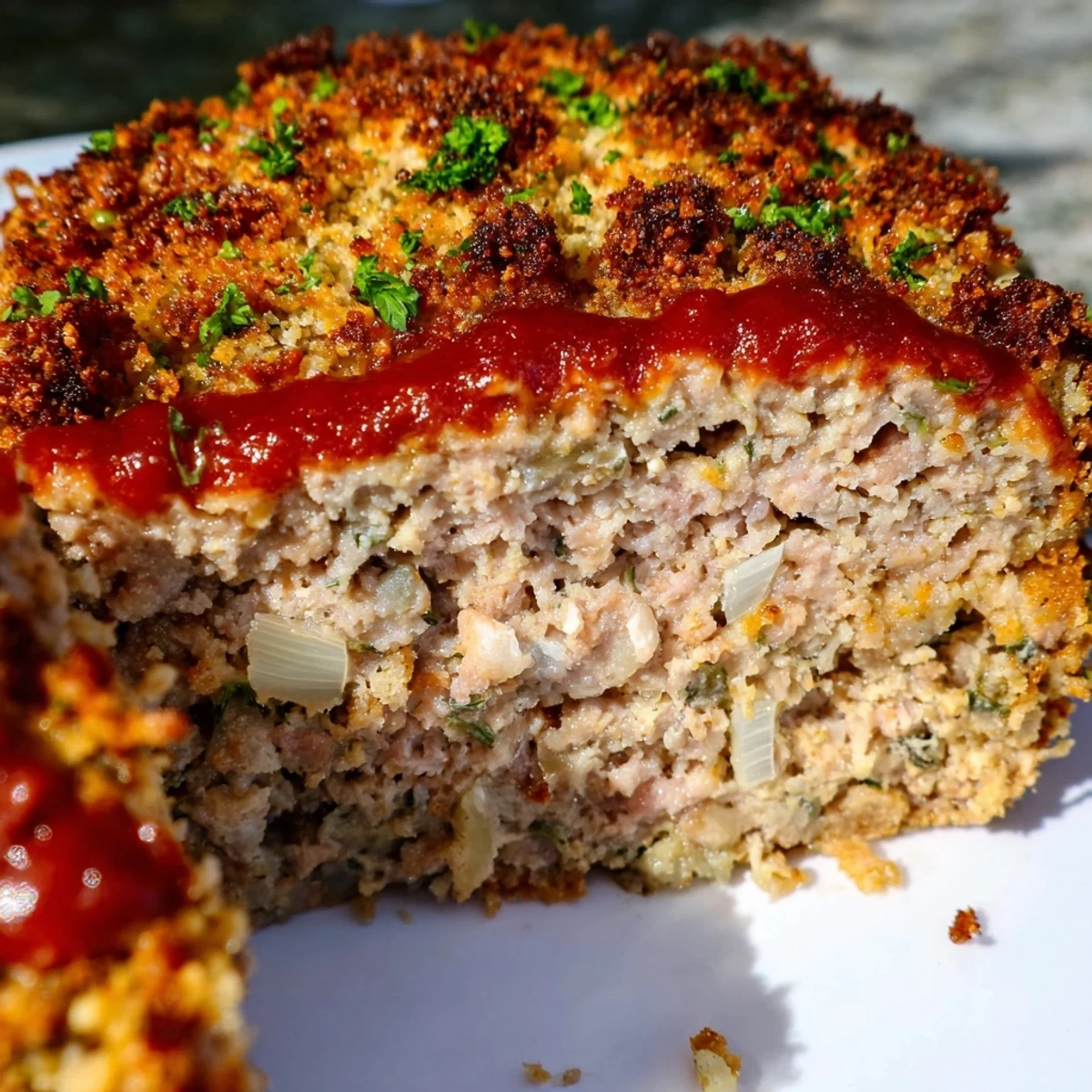 Golden brown Parmesan crusted turkey meatloaf sliced on a wooden cutting board