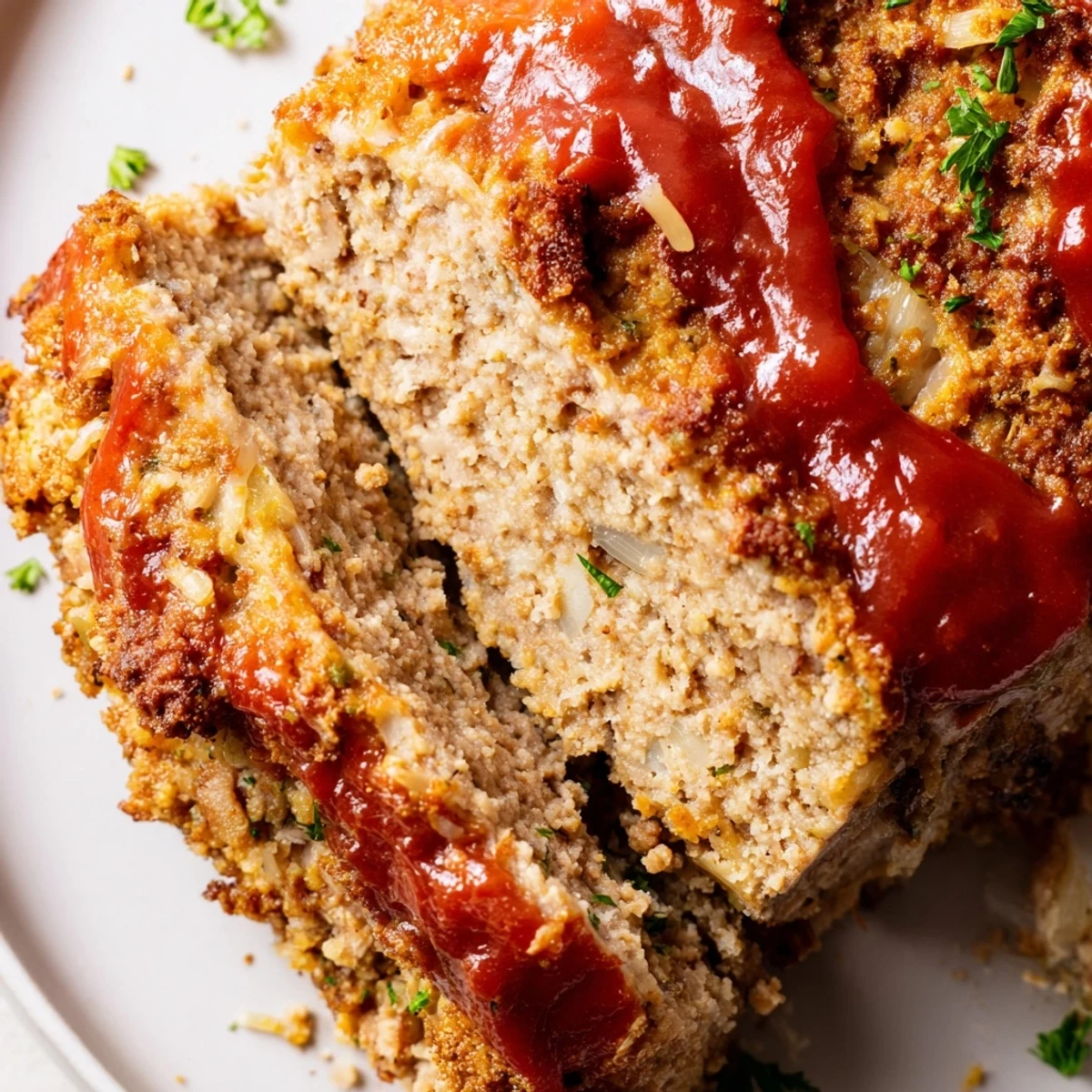 Juicy turkey meatloaf topped with crispy Parmesan crust and glazed ketchup layer