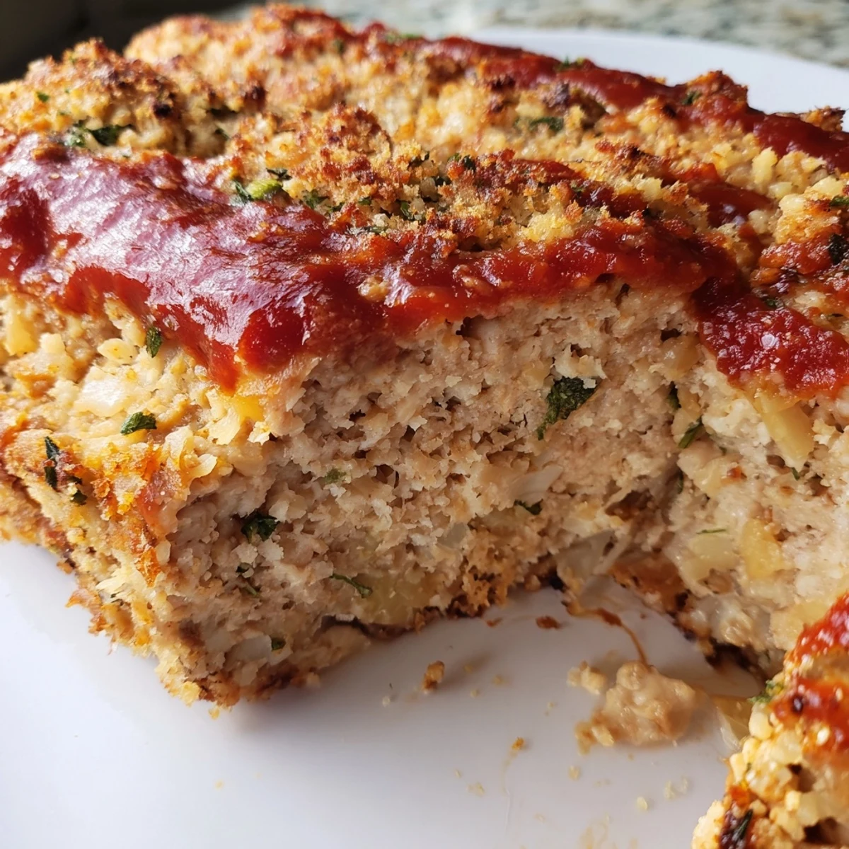 Baked Parmesan crusted turkey meatloaf recipe served with fresh parsley garnish