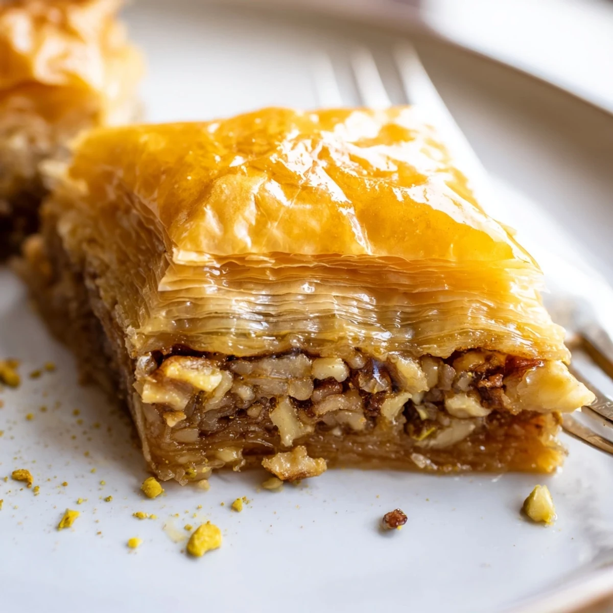 Golden baklava dessert with flaky phyllo layers, chopped walnuts and pistachios, glistening with sweet honey syrup