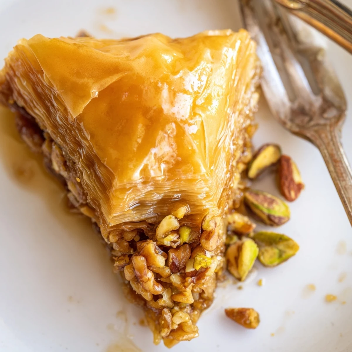 Homemade baklava squares stacked on a serving platter, dripping with fragrant sugar syrup and topped with green pistachios