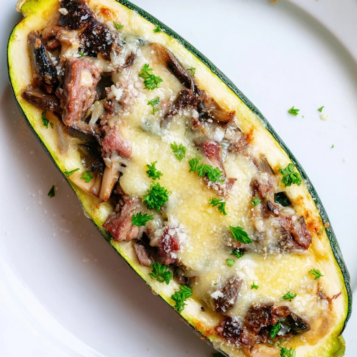 Golden baked zucchini boats piled high with savory beef tenderloin and mushroom stuffing topped with melted cheese