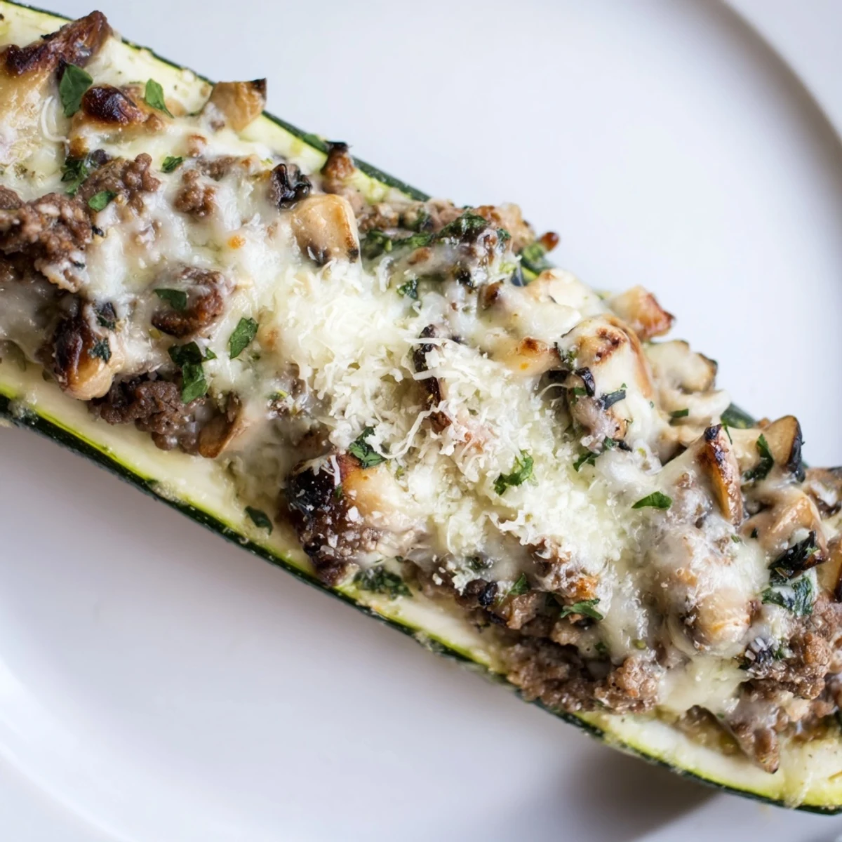 Fresh green zucchini halves filled with tender beef and sautéed mushroom mixture before being baked to golden perfection