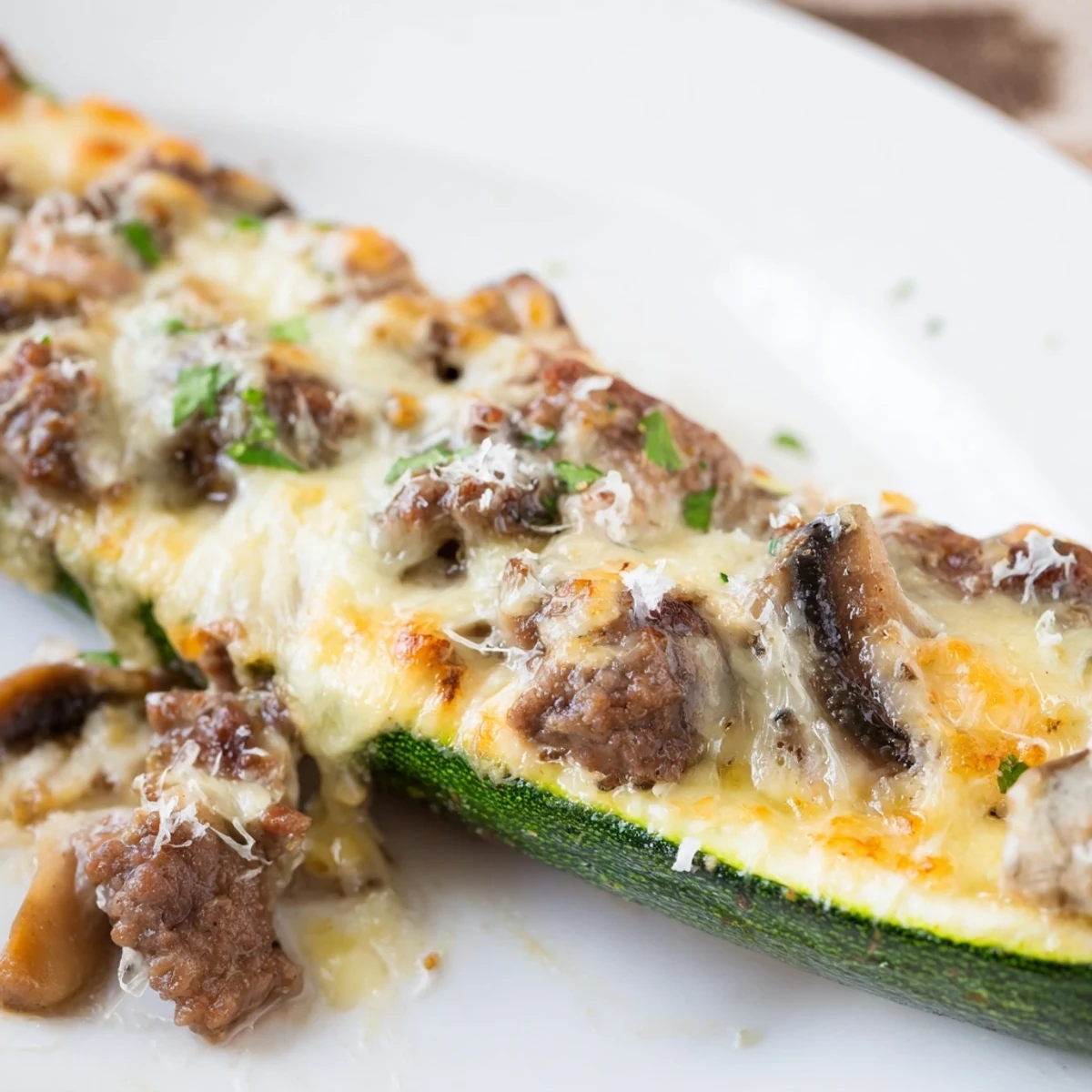 Garden zucchini boats overflowing with beef tenderloin mushroom stuffing featuring melted mozzarella and Parmesan cheese on top