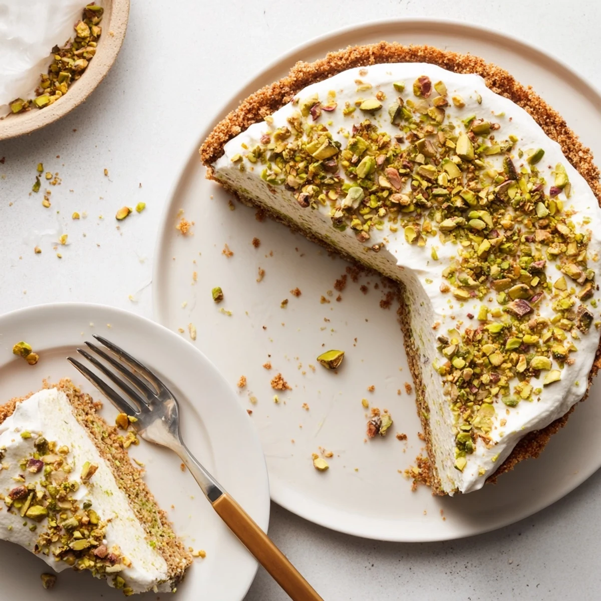 Homemade pistachio cheesecake displaying smooth green filling and buttery crust on serving platter