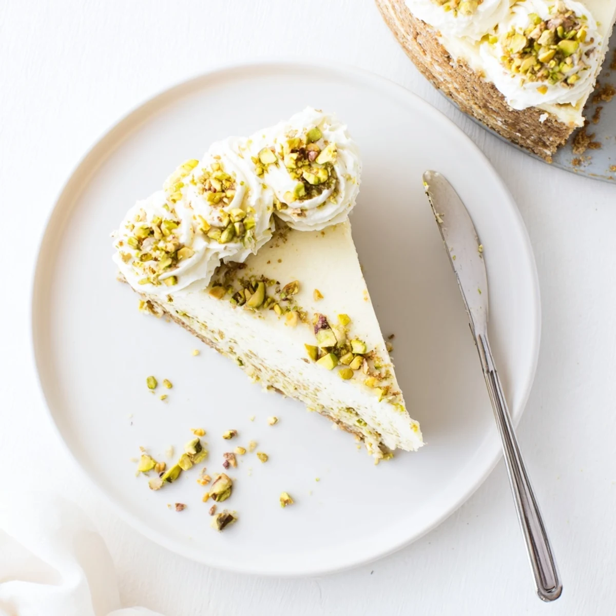 Whole pistachio cheesecake topped with whipped cream and chopped green nuts on white plate