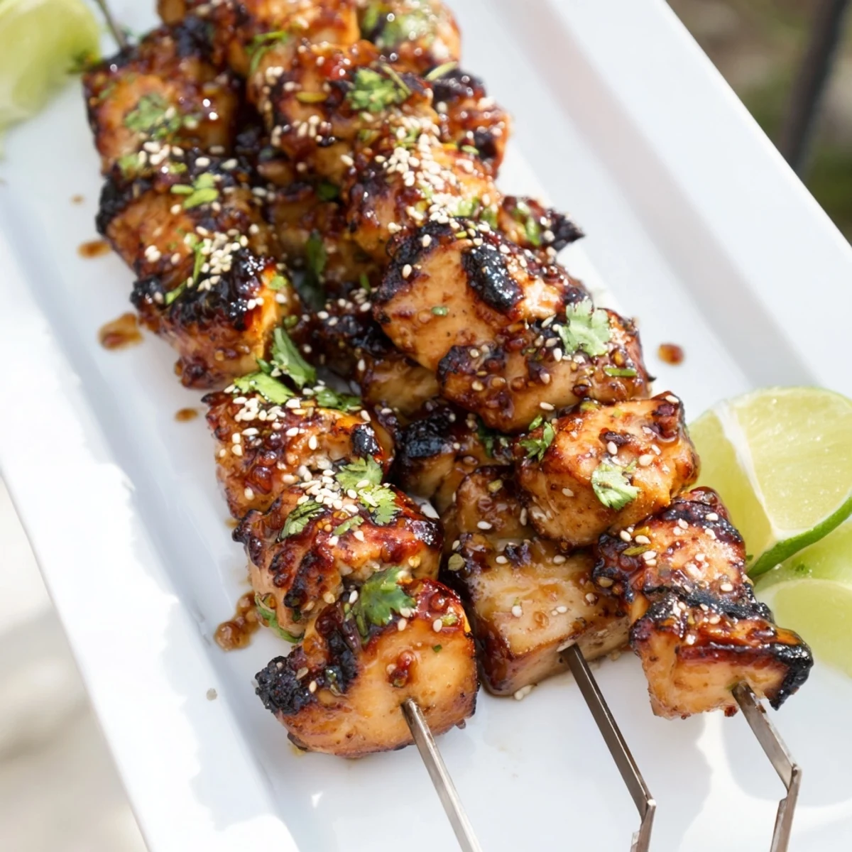 Golden grilled spicy honey garlic chicken skewers glazed with shiny caramelized coating and fresh cilantro garnish on a white serving plate