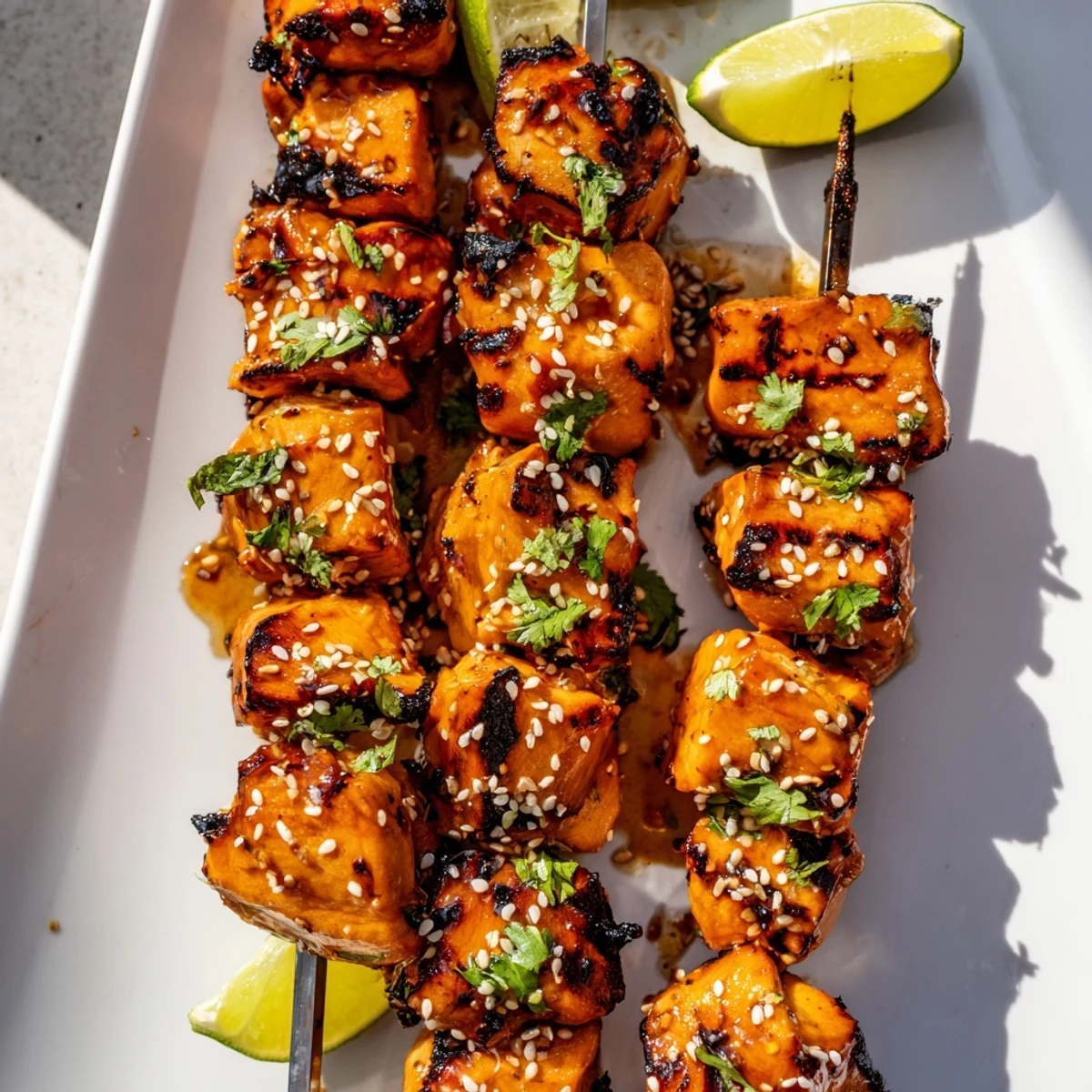 Juicy chicken pieces threaded onto metal skewers featuring charred edges from grilling with a sticky sweet and spicy honey garlic glaze