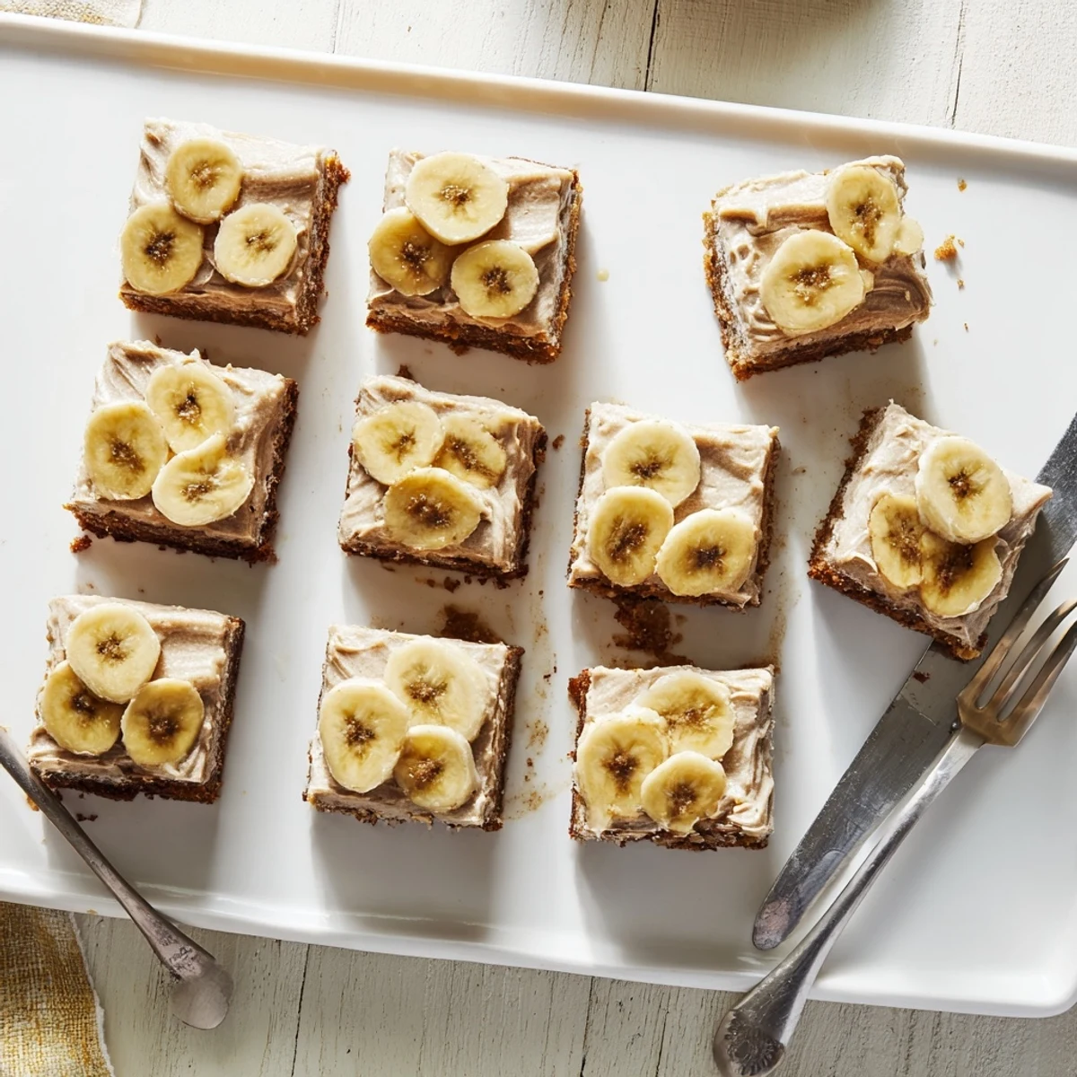 Square slice of moist banana bread brownies topped with nutty brown butter frosting
