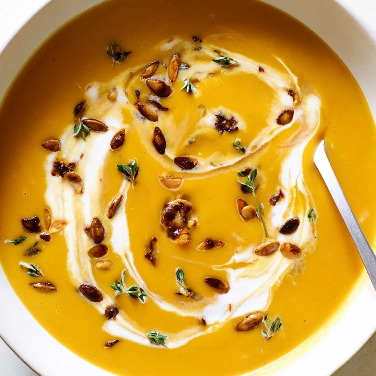 Creamy roasted butternut squash soup garnished with fresh thyme and toasted pumpkin seeds in a white bowl