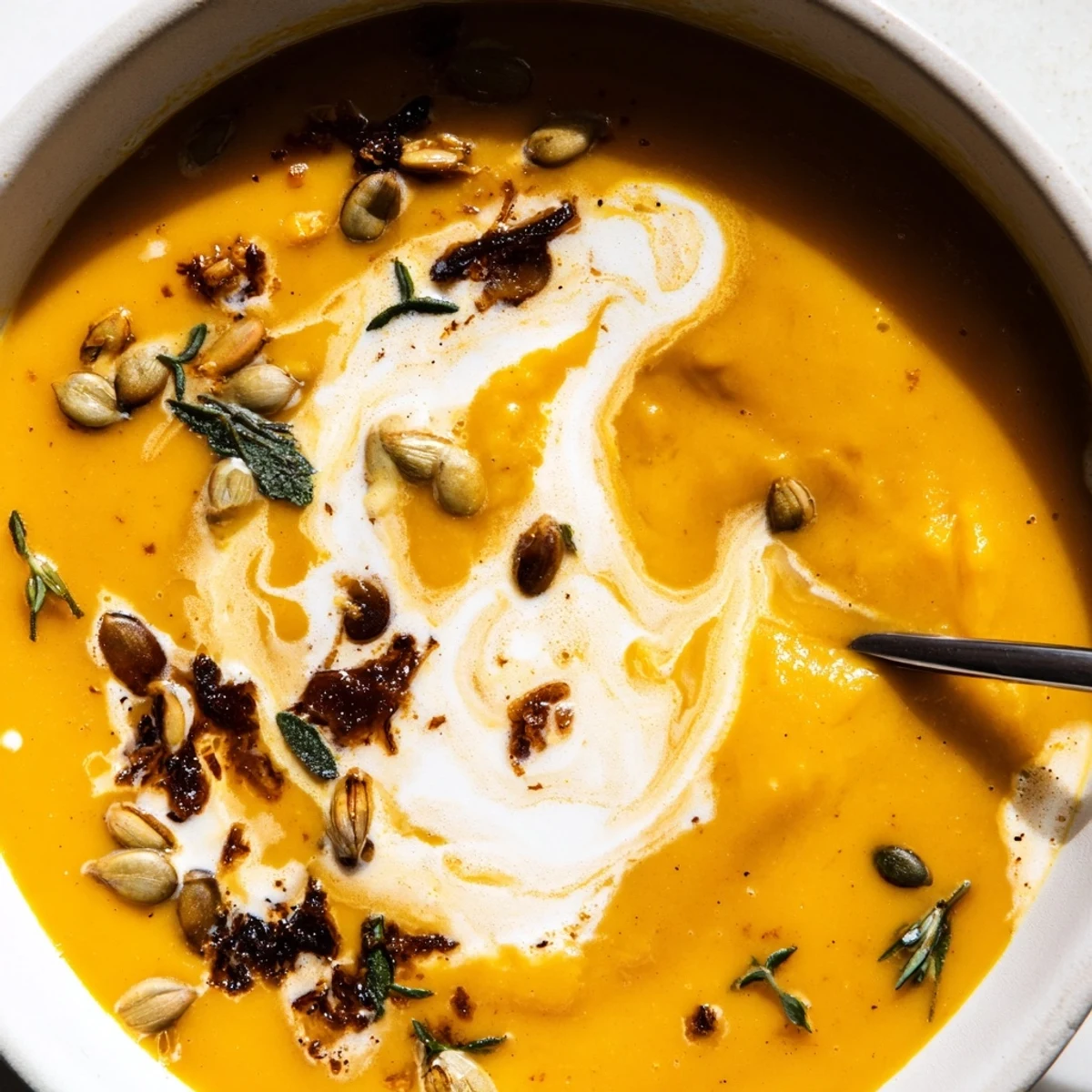 Golden bowl of smooth butternut squash soup with swirl of cream and crusty bread on wooden table