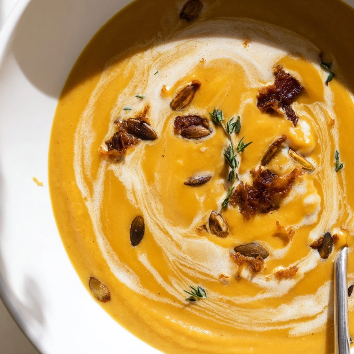 Velvety orange butternut squash soup topped with herbs and pumpkin seeds for a comforting fall meal