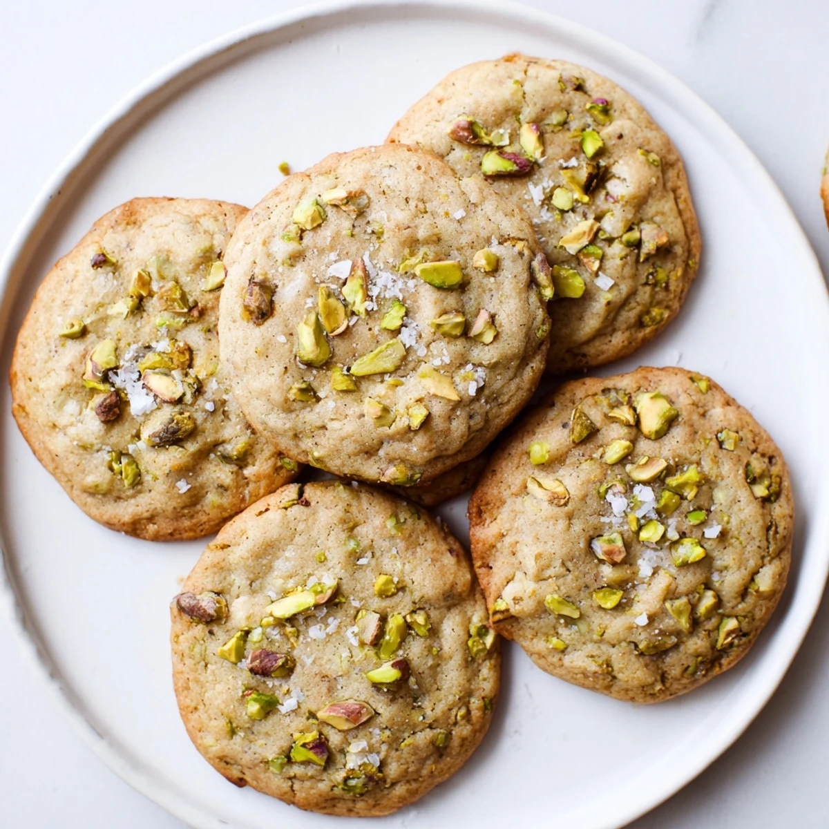 Golden brown salted honey pistachio cookies topped with flaky sea salt on a wooden board