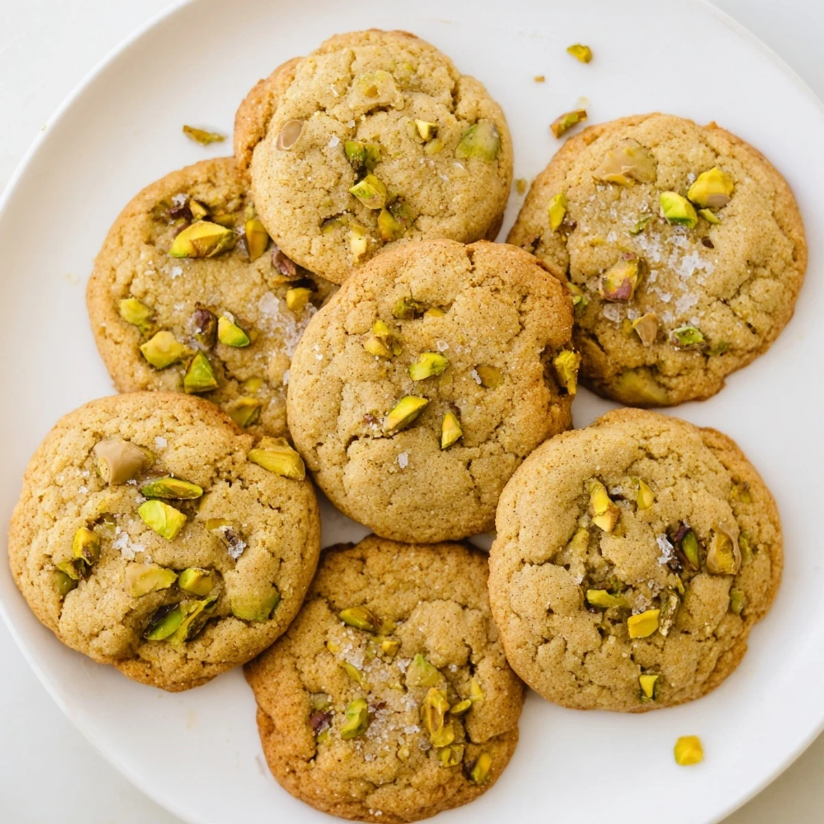 Freshly baked salted honey pistachio cookies stacked high with crushed pistachios visible inside