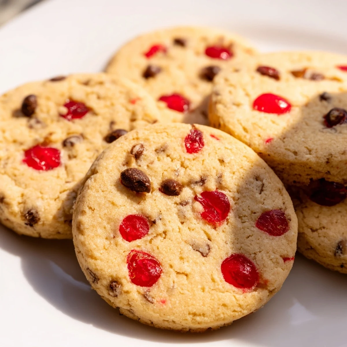 Buttery shortbread cookie with chopped maraschino cherries and melted white chocolate drizzle on festive platter