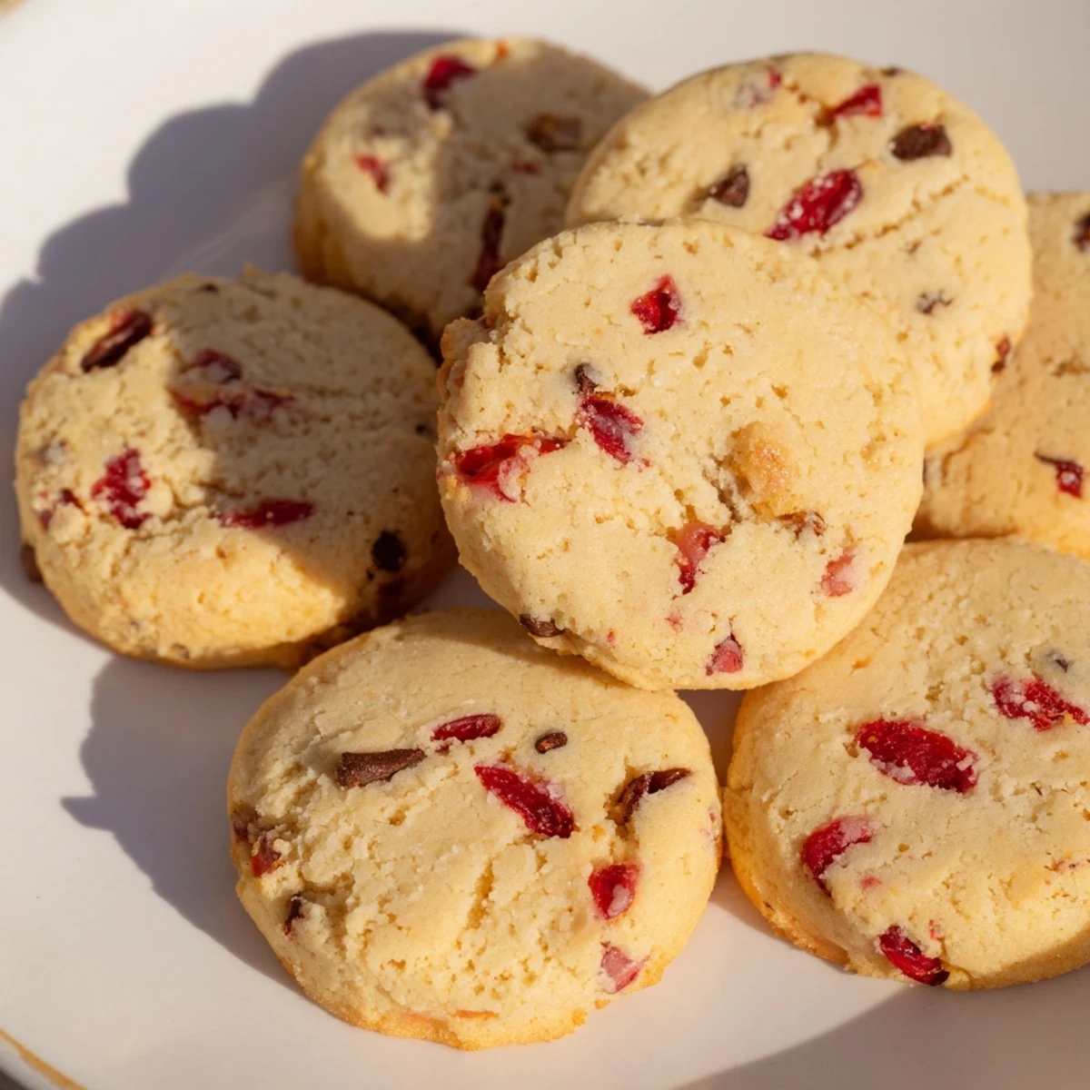 Golden Christmas maraschino cherry shortbread cookies dotted with bright red cherries on white plate