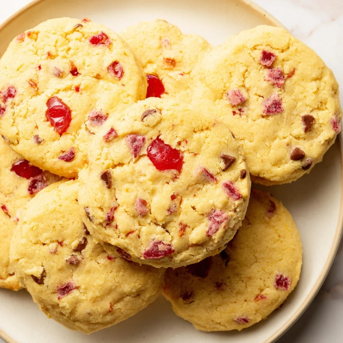 Holiday shortbread rounds studded with vibrant maraschino cherries dusted with powdered sugar on wooden board
