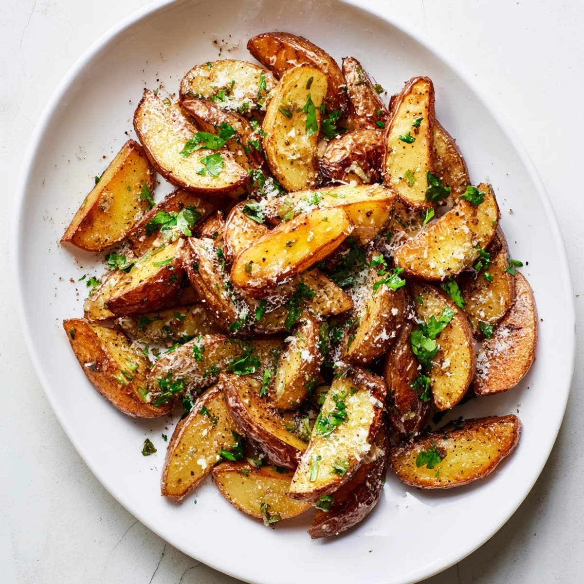 Golden homemade truffle fries topped with freshly grated Parmesan cheese and chopped parsley