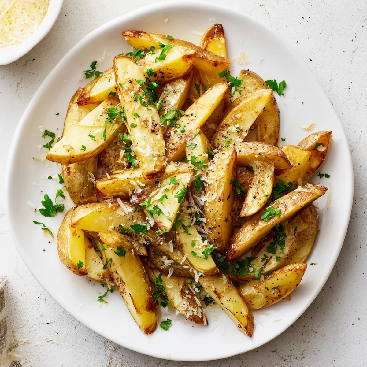 Crispy baked french fries drizzled with aromatic truffle oil and sprinkled with Parmesan