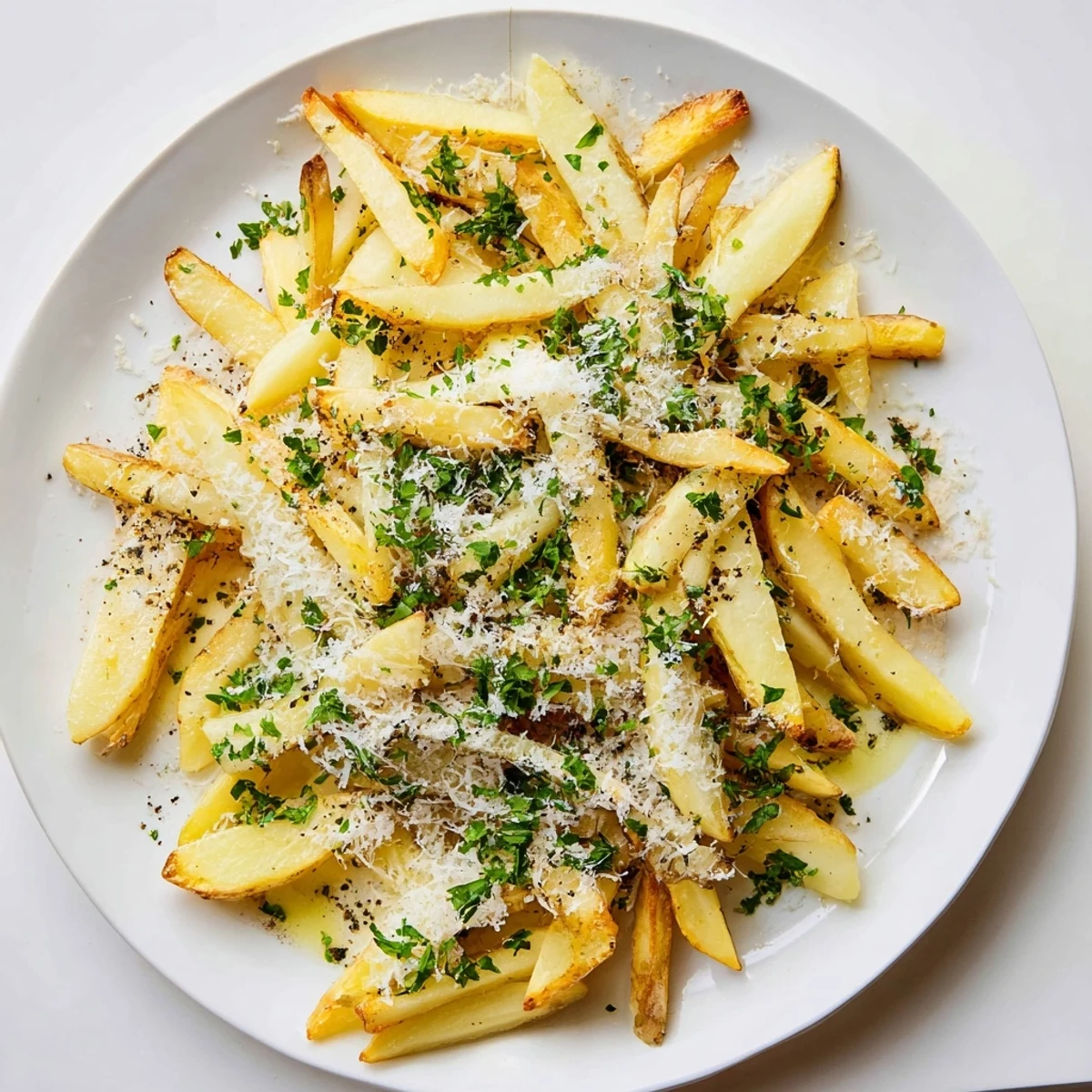 Plate of steaming homemade truffle fries garnished with black pepper and savory Parmesan cheese