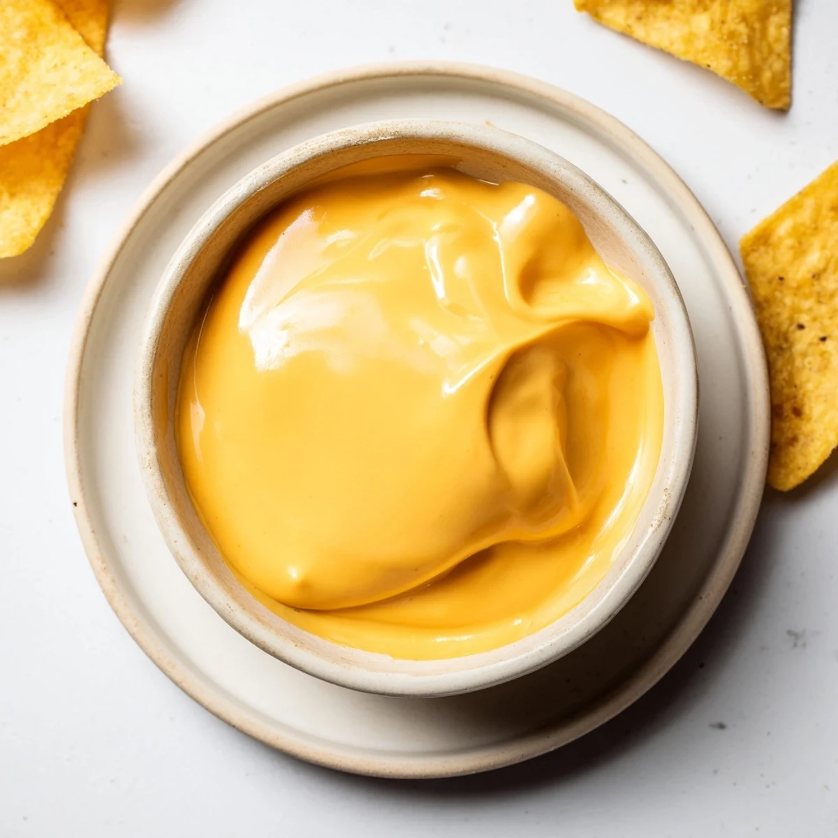 Creamy dairy-free nacho cashew cheese sauce drizzled generously over crispy tortilla chips with jalapeños