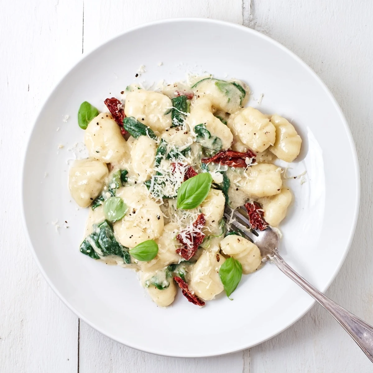 Creamy sun-dried tomato gnocchi served in a shallow white bowl garnished with fresh basil leaves and extra grated parmesan cheese