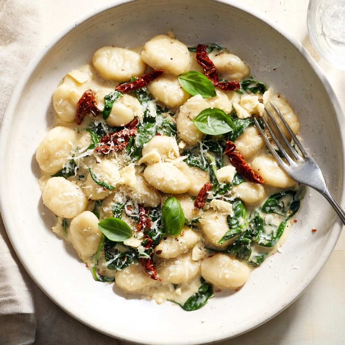 Golden brown potato gnocchi coated in rich white parmesan cream sauce with vibrant sun-dried tomatoes and fresh wilted spinach