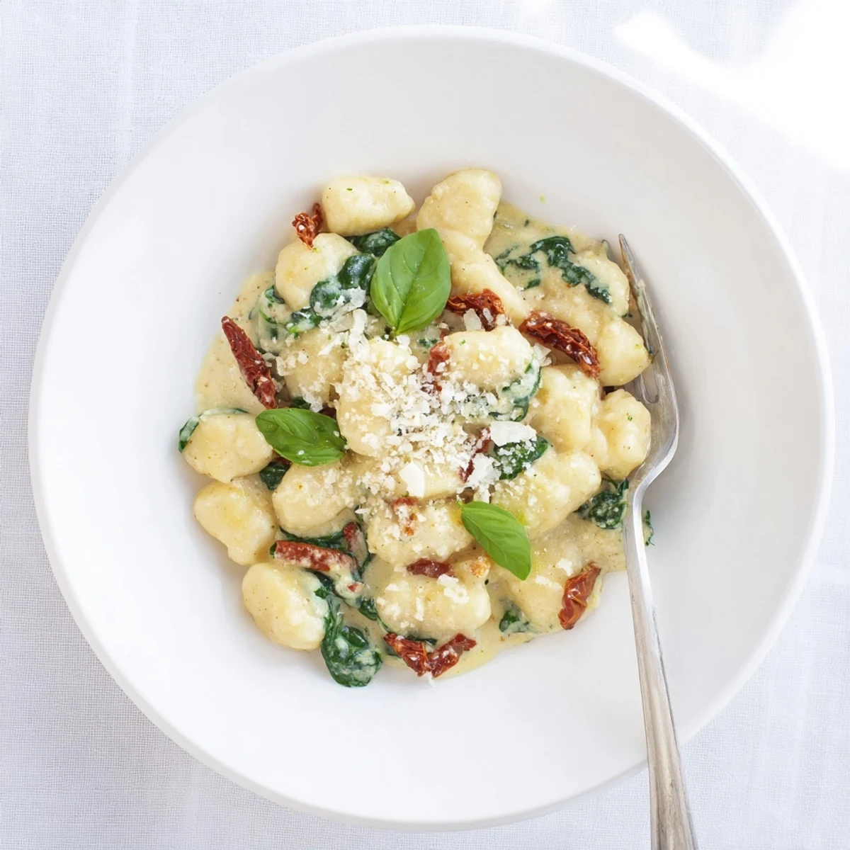 Plated pasta dish featuring tender gnocchi swirling in garlic cream sauce with chopped oil-packed tomatoes and green spinach accents