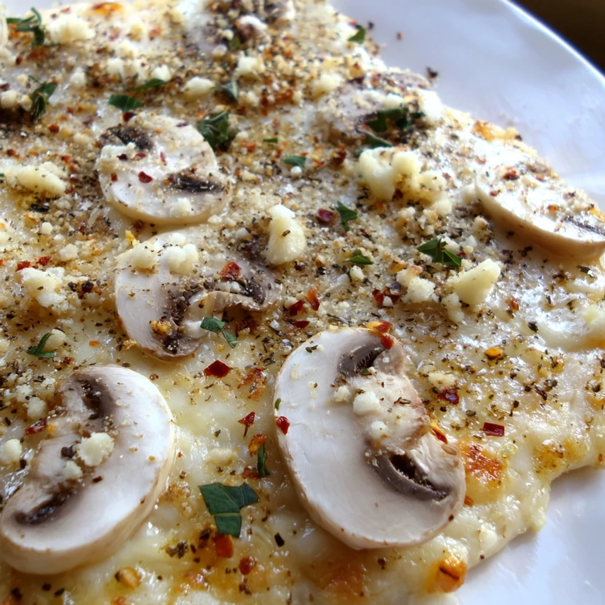 Savory vegetarian White Mushroom Mozzarella Pizza topped with sliced mushrooms and gooey mozzarella