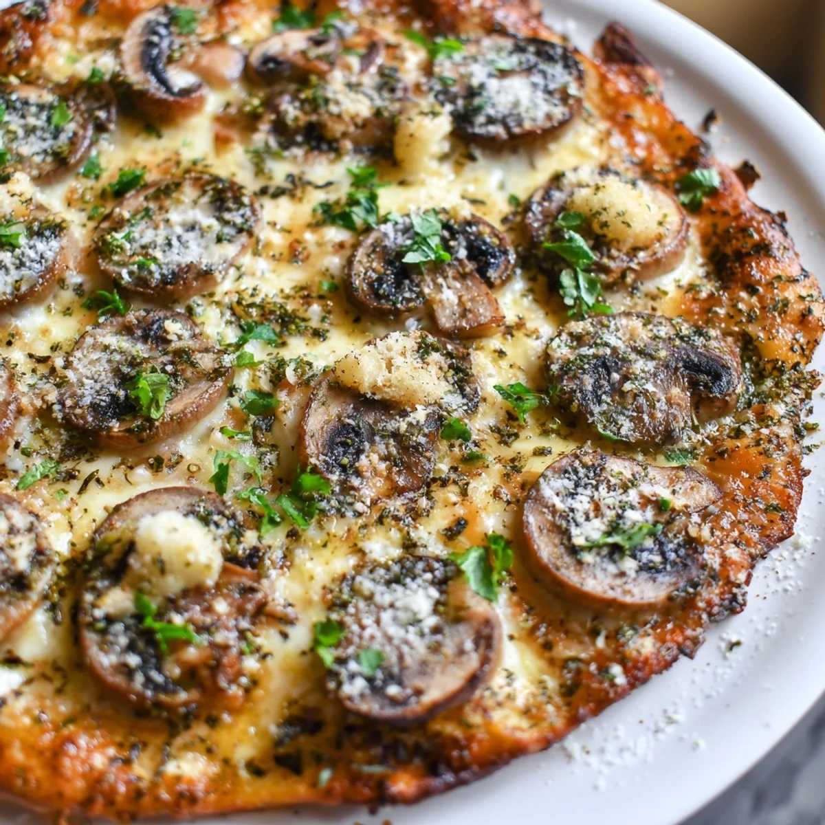 Golden crust White Mushroom Mozzarella Pizza bubbling with melted cheese and fresh herbs