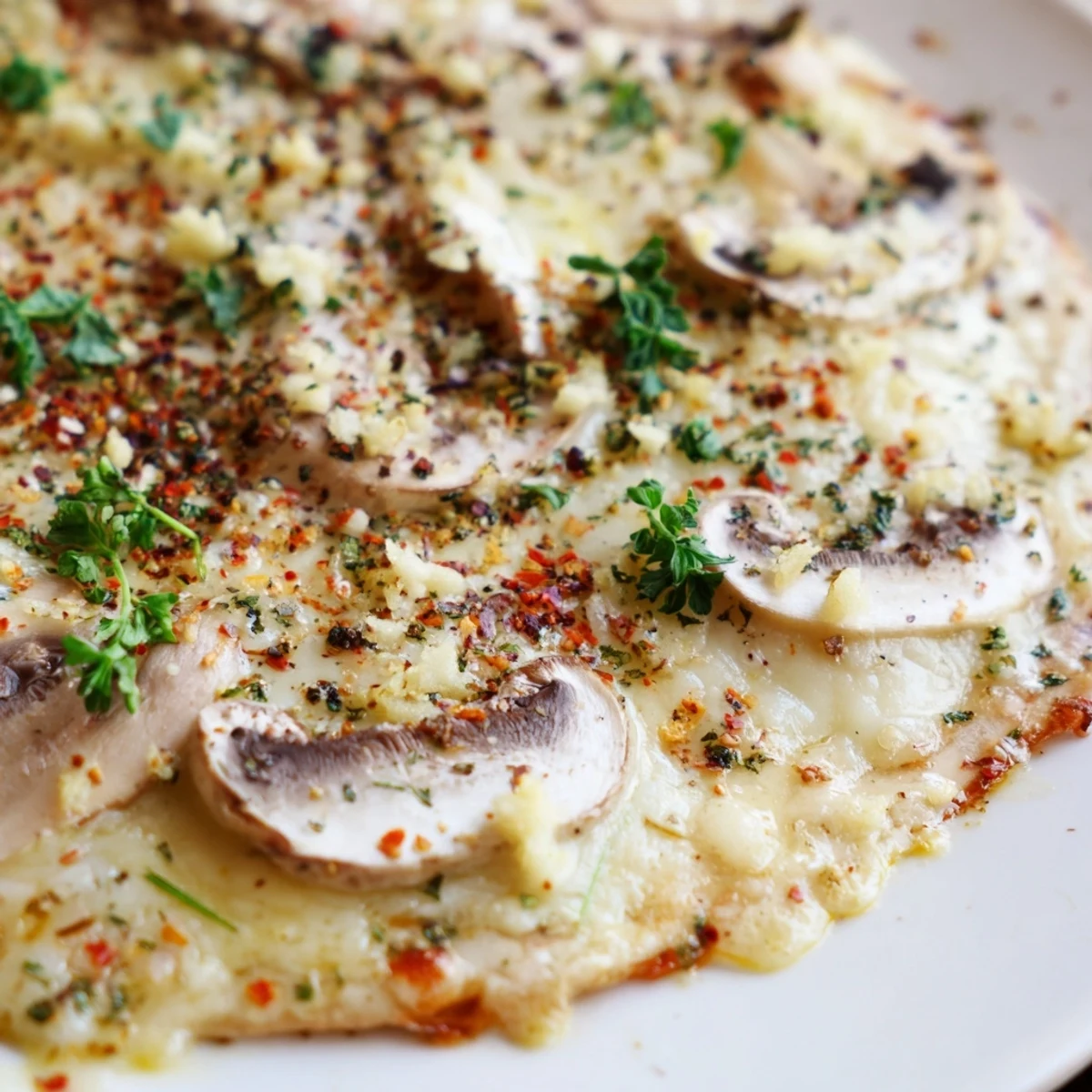 Homemade White Mushroom Mozzarella Pizza garnished with fresh basil on a wooden board