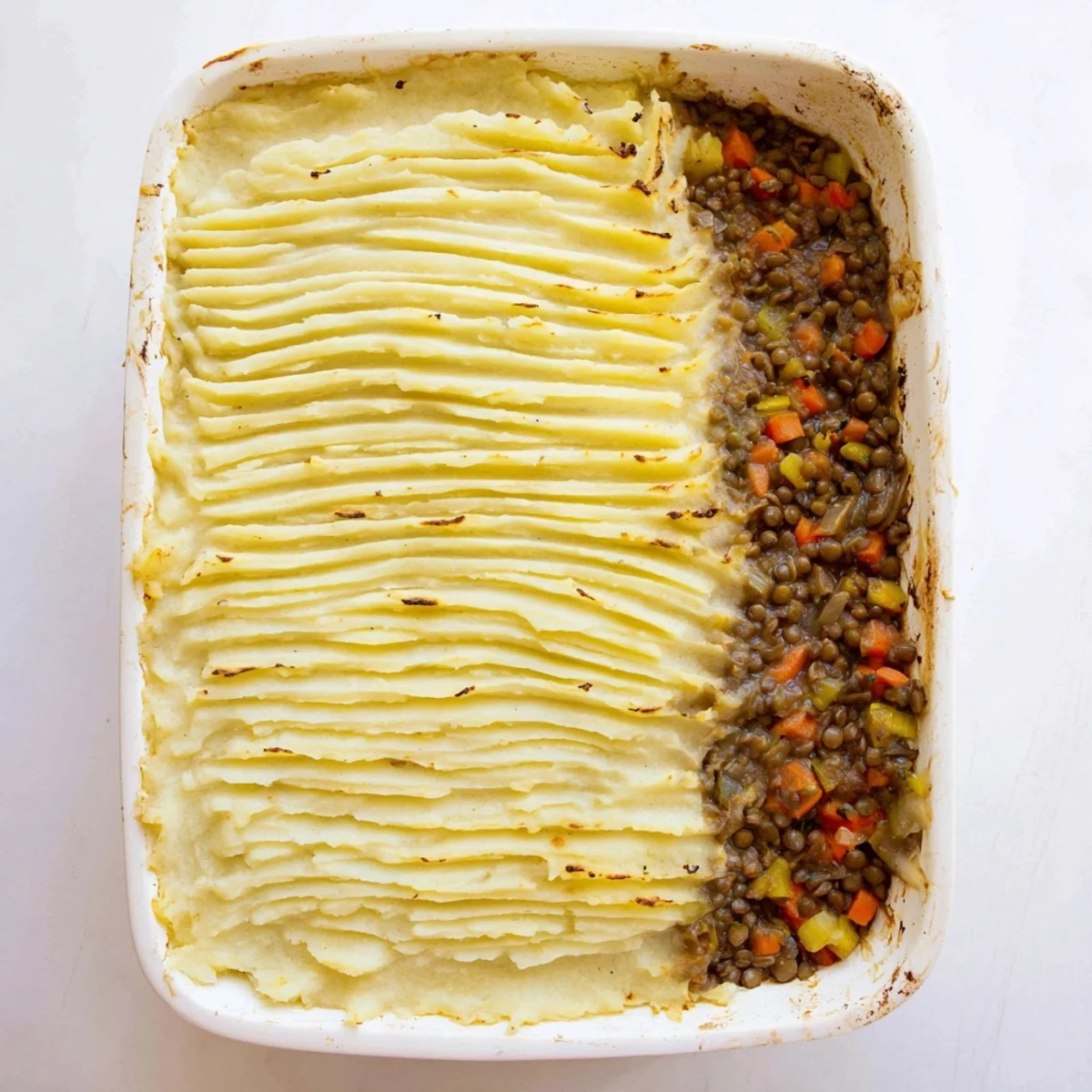 Golden vegan French onion shepherd's pie with fluffy mashed potato topping and caramelized onion layer