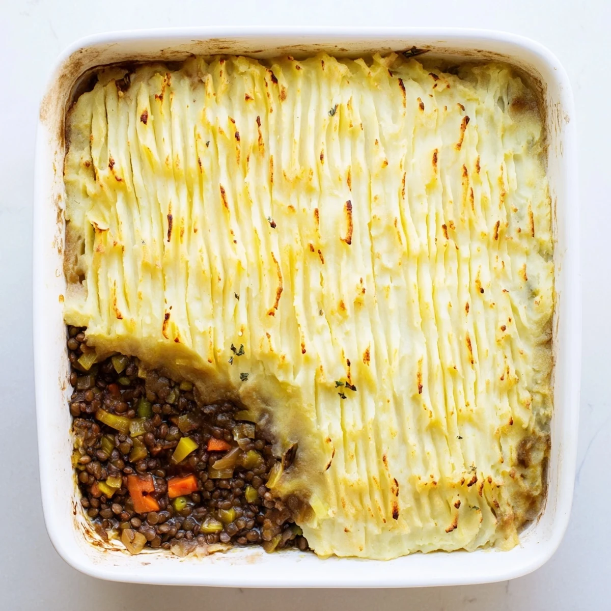 Comforting vegan French onion shepherd's pie casserole with rich lentil filling and creamy potato crust