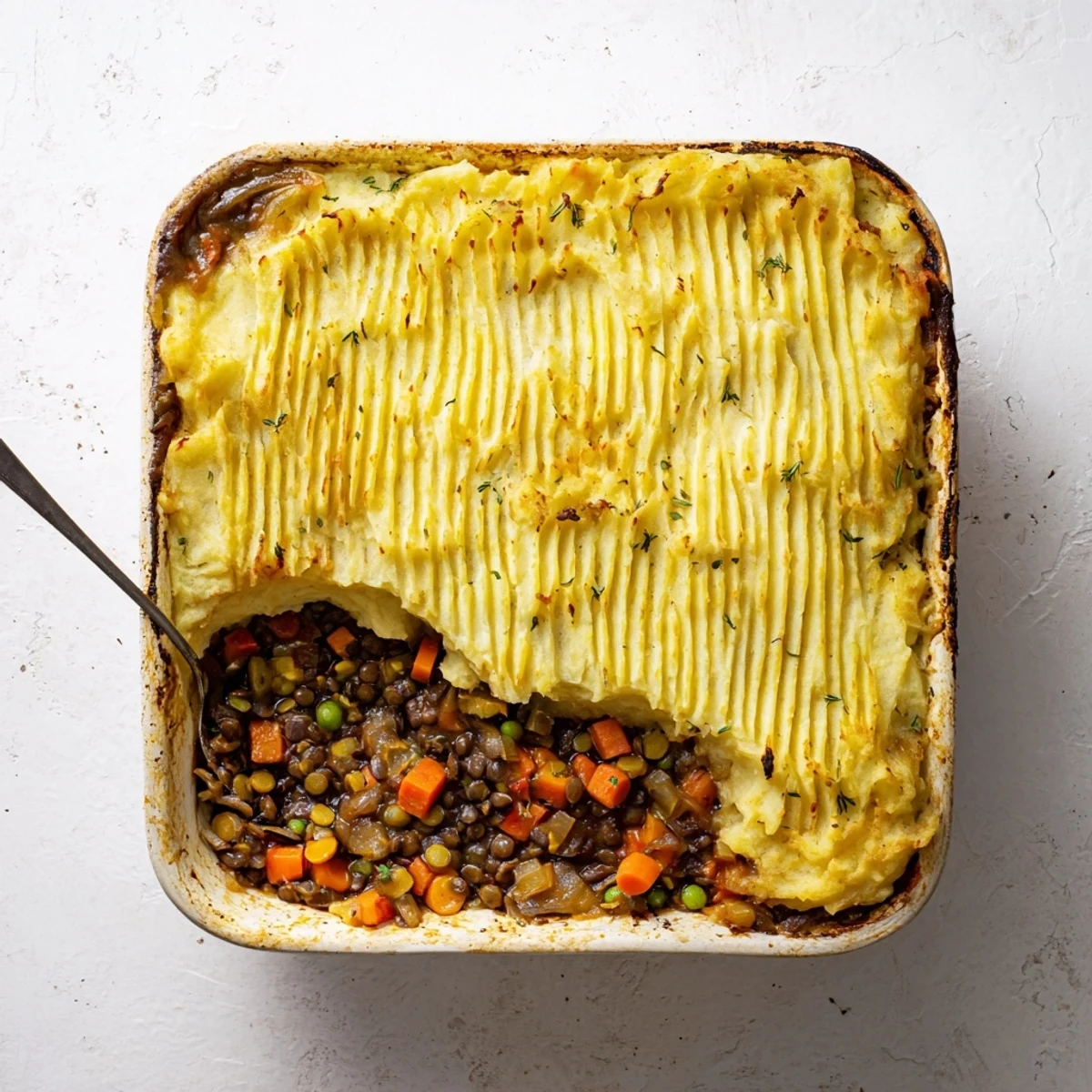 Hearty plant-based shepherd's pie featuring savory lentils and fork-ridged mashed potatoes baked to golden perfection
