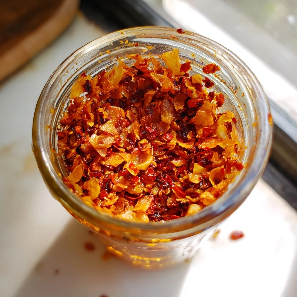 Dark amber fried onions and garlic chips are submerged in spicy red pepper flakes and aromatic oil in this homemade Trader Joe's Chili Onion Crunch