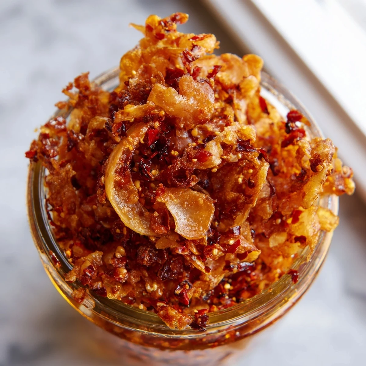 Golden crispy shallots and garlic float in rich red chili oil for Trader Joe's Chili Onion Crunch