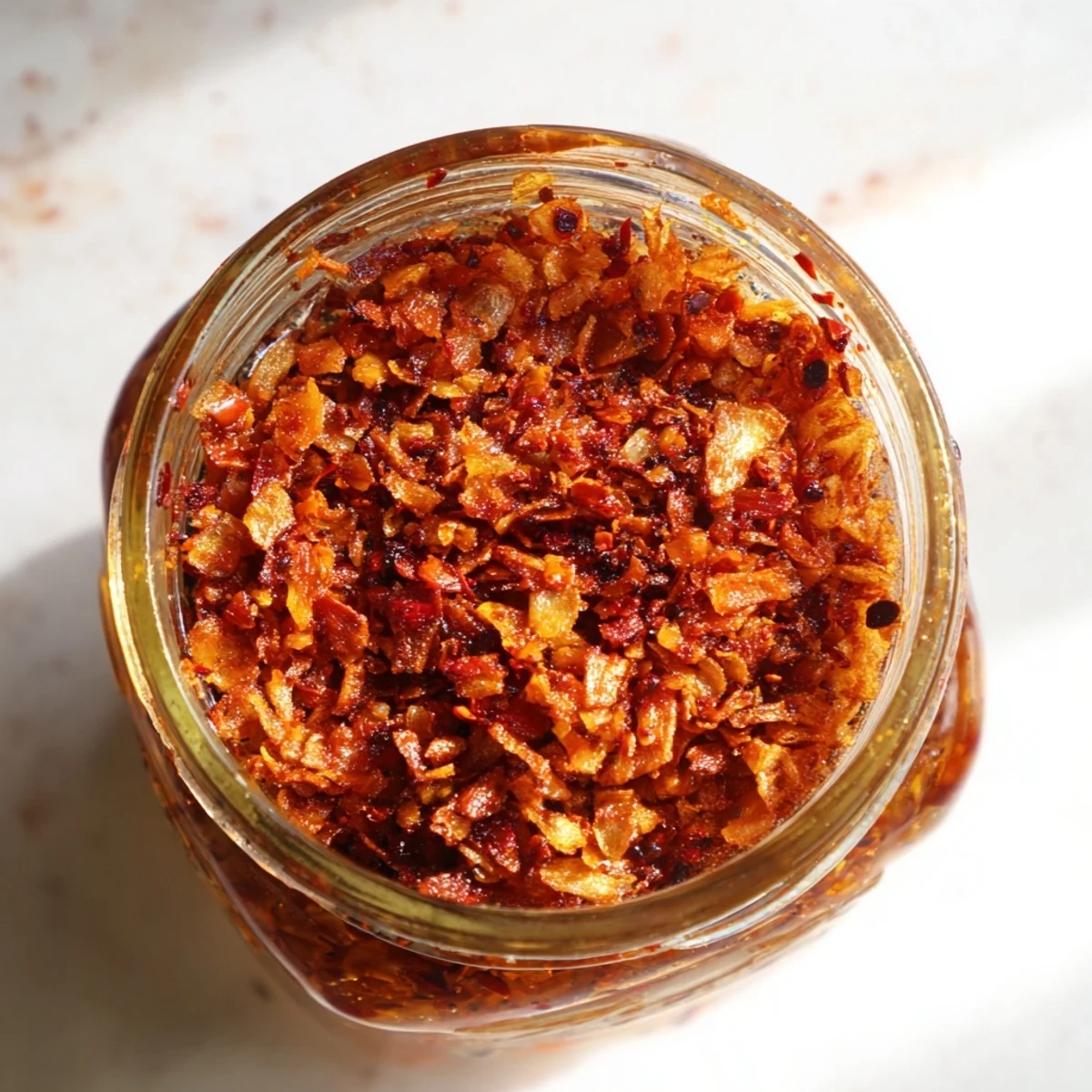 A glass jar filled withTrader Joe's Chili Onion Crunch shows golden brown onion bits and red chili flakes glistening in oil