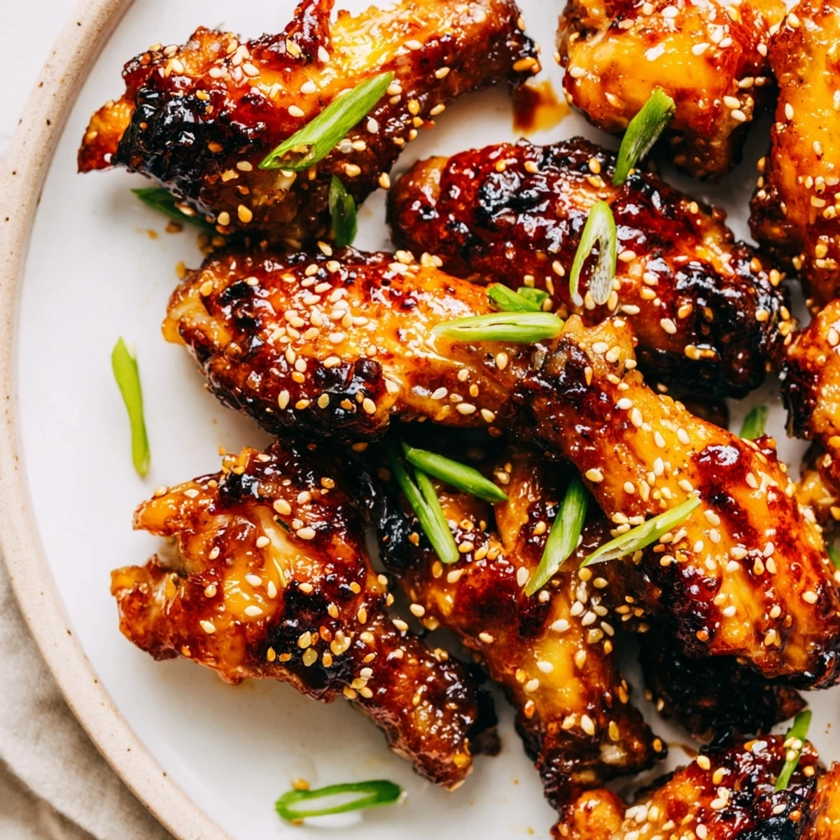 Sticky Teriyaki Baked Wings glistening with honeyed teriyaki, sprinkled with sesame